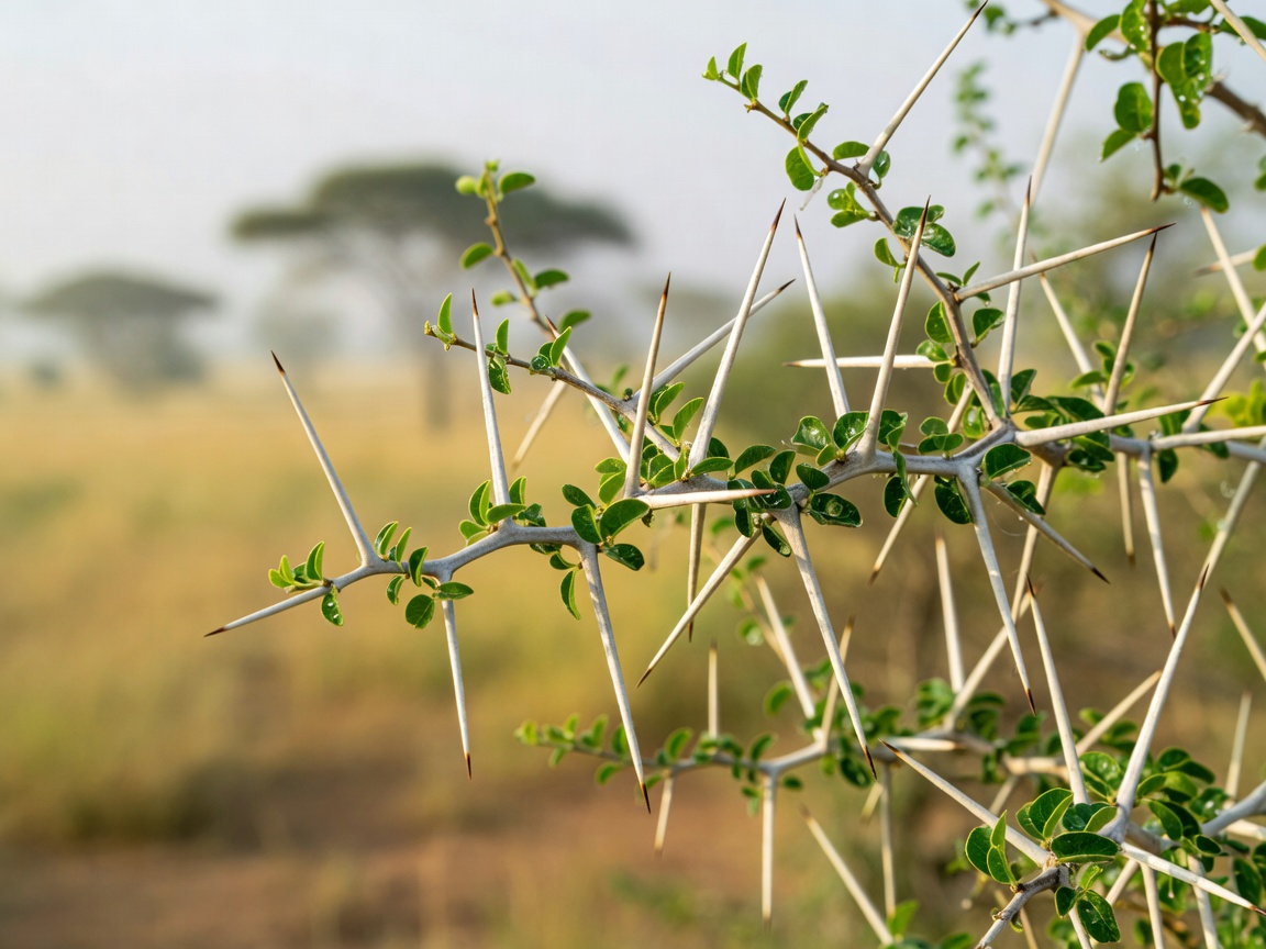 Long white acacia thorns and small green leaves in soft morning light, background blurred into savanna tones