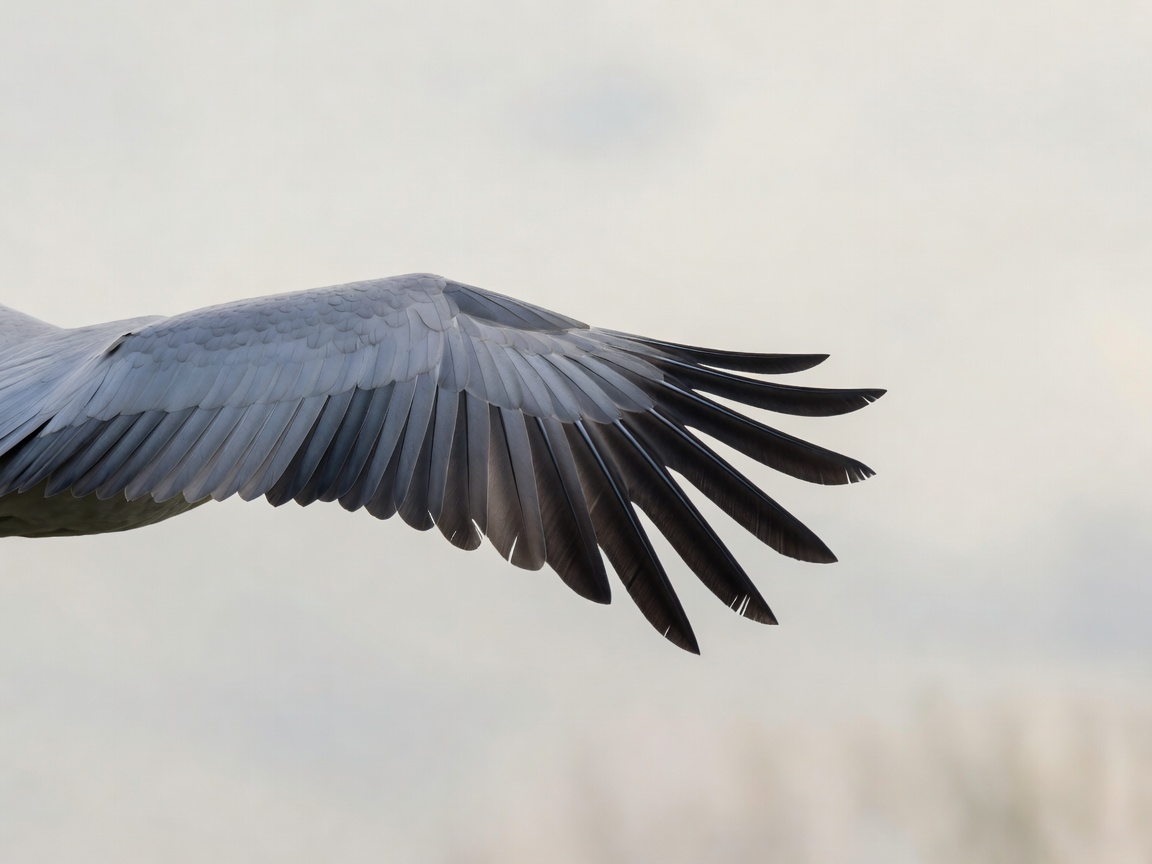Grey primary feathers of a common crane's wing in flight, sharp detail against a pale, defocused sky