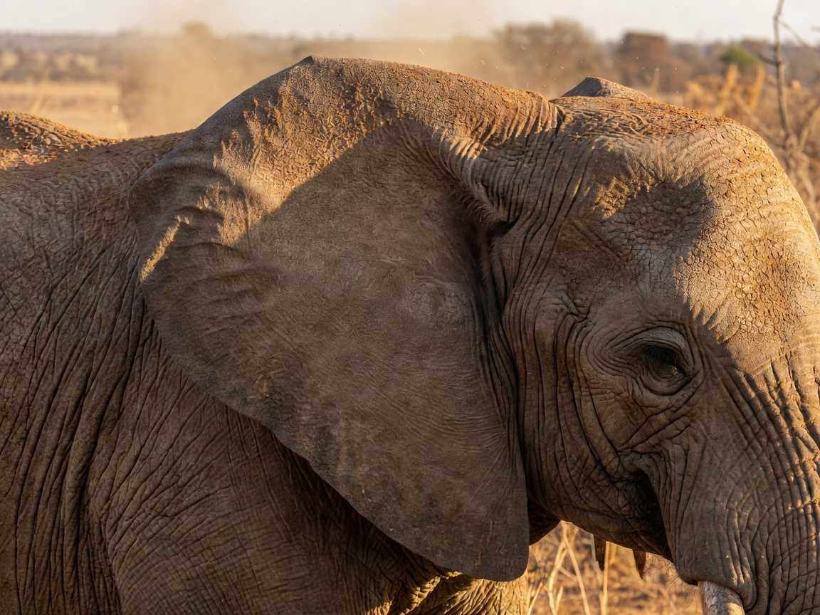 Fine dust settled in the wrinkles of an elephant's ear in golden late-dry-season light, background blurred