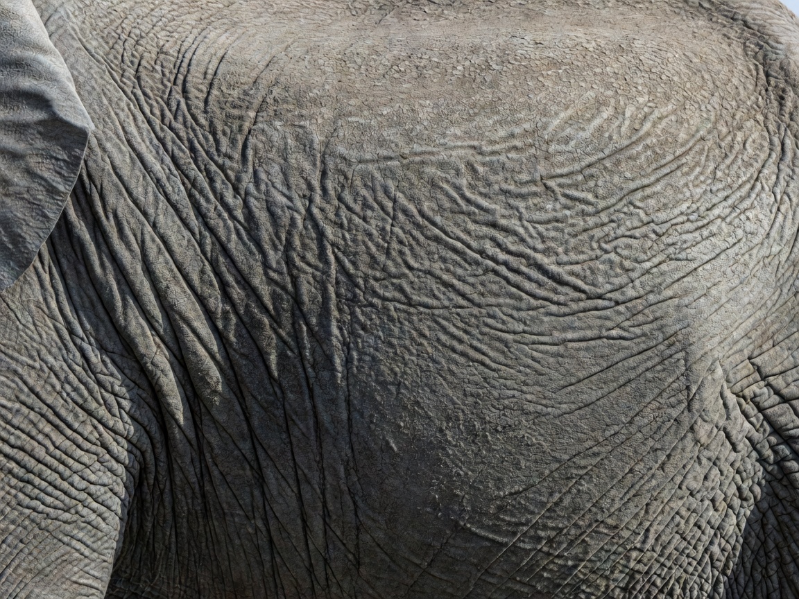 Close texture of grey elephant skin with deep creases, captured with a long telephoto lens at a distance