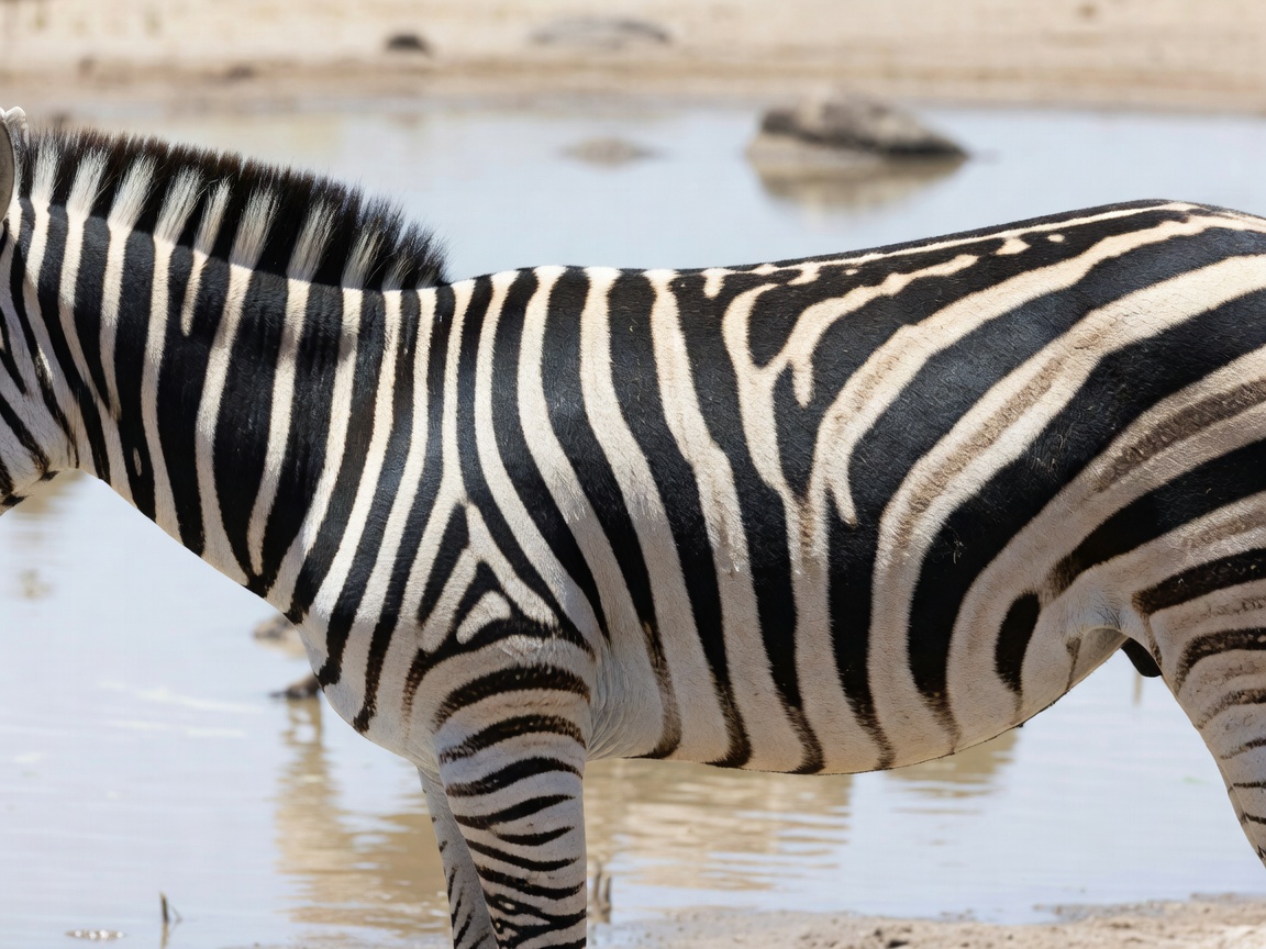 Overlapping zebra stripes at a waterhole, compressed by a long lens with water blurred behind