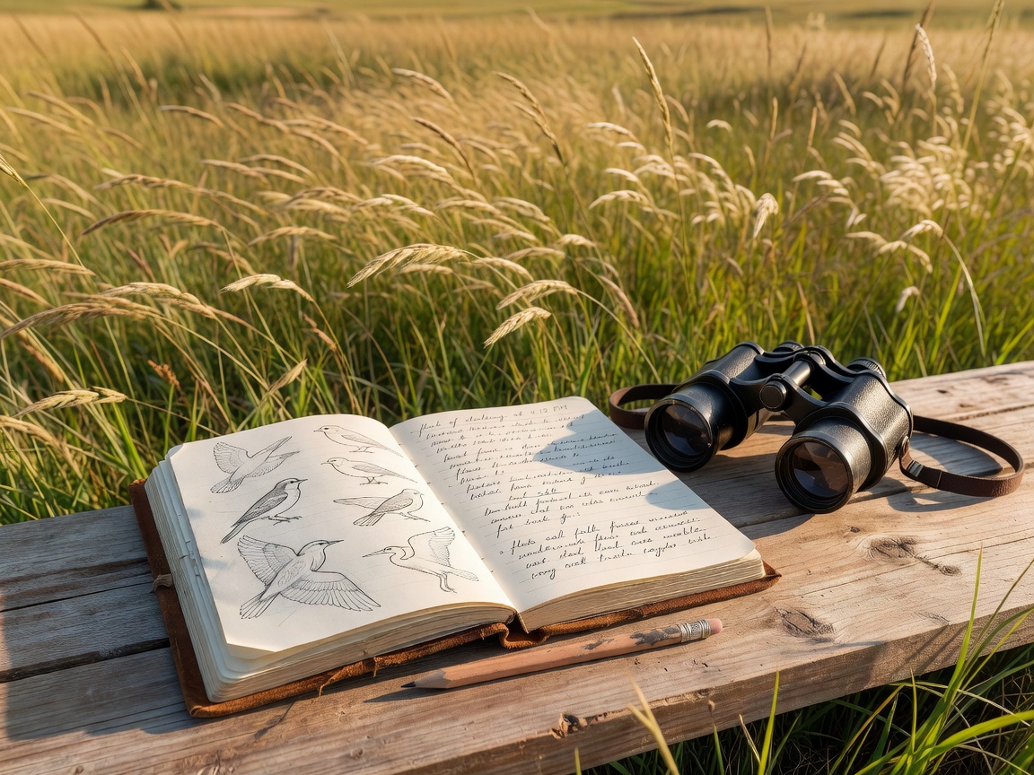 Open field notebook with pencil sketches of bird silhouettes and handwritten observation notes beside a pair of binoculars