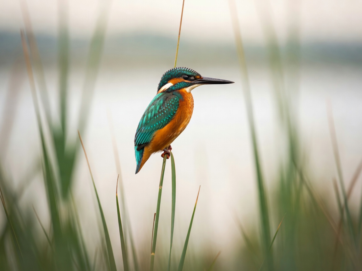 Common kingfisher perched on a reed stem, orange and turquoise-green plumage against a creamy blurred background