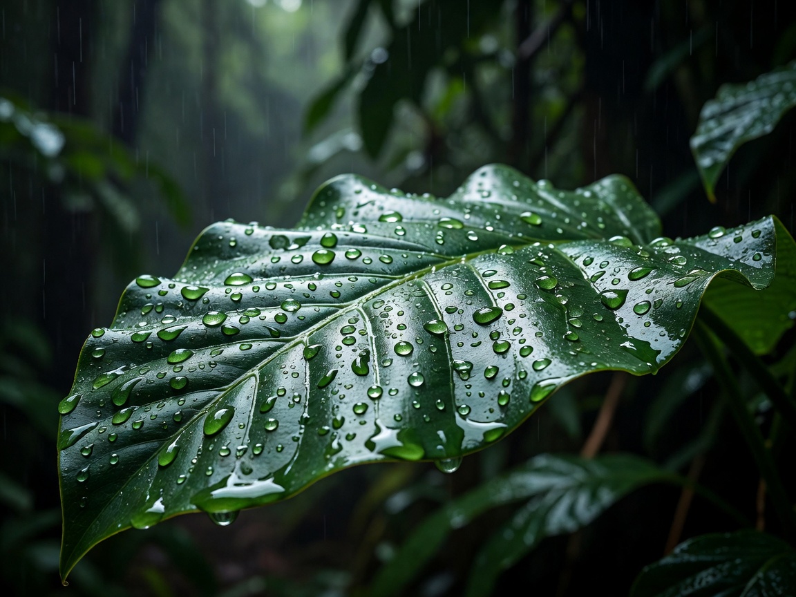 Raindrops beading on a broad green leaf during the wet season, shallow focus with dark forest behind