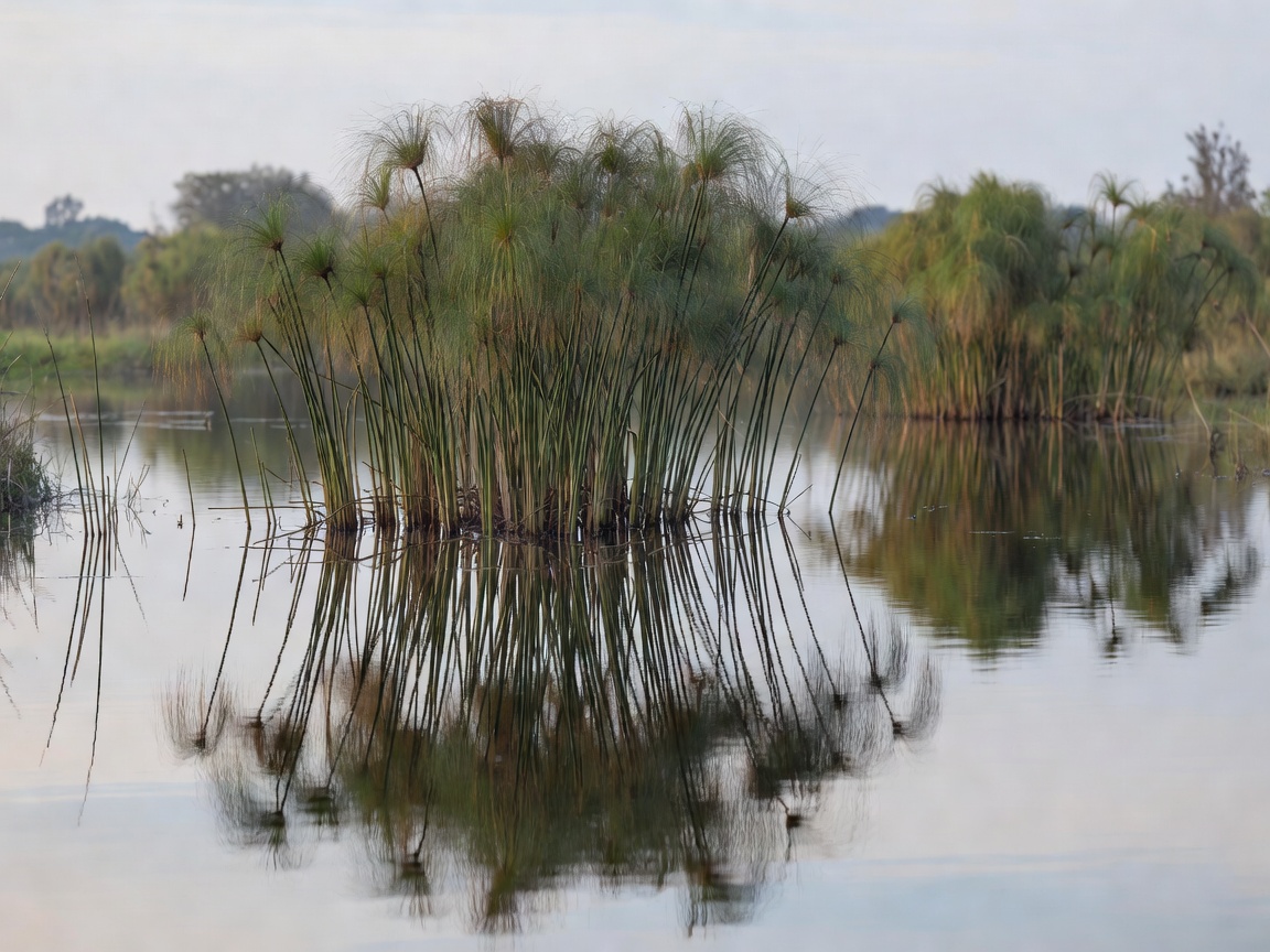 Papyrus heads leaning over a calm Okavango channel, reflections softly out of focus