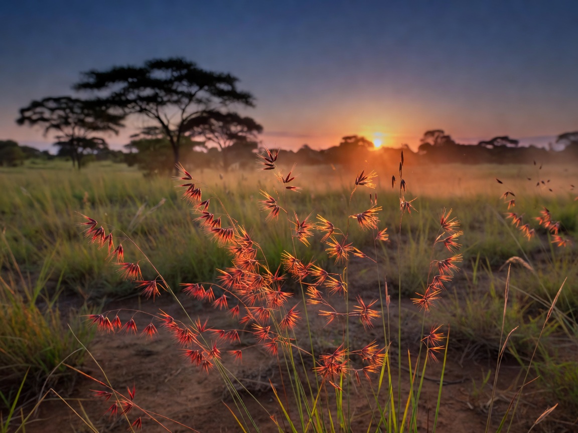 Red oat grass seedheads backlit at dusk, shallow depth of field across open savanna