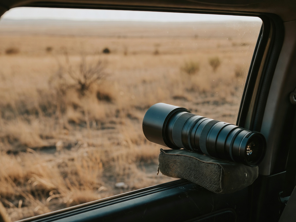 Long telephoto lens supported on a beanbag at a vehicle window, dry grassland softly blurred beyond